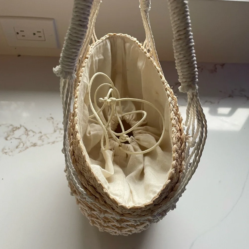 J. Crew Straw Tote with White Macrame Overlay